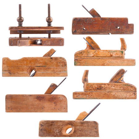 Collection of antique woodworking tools, isolated on whiteの写真素材