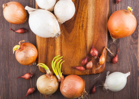 Different varieties of onions on a kitchen board and wooden surfaceの写真素材