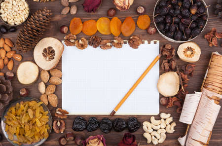 White sheet of paper with a pencil in an environment of nuts and fruitsの写真素材