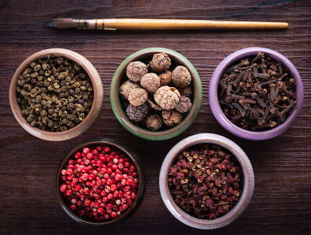 Palette of colors of herbs and spicesの写真素材