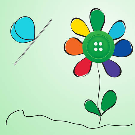 Button and needle provided in the form of a flower and butterflyのイラスト素材