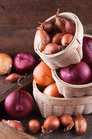 Set of golden, red onions and shallots in the basketの写真素材