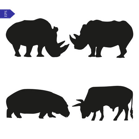 Set of vector silhouettes of hippopotamu, buffalo and rhinoのイラスト素材