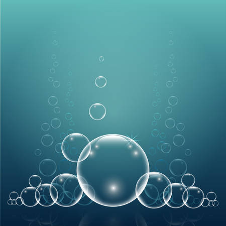 Group of transparent bubbles with reflection on aqua background vectorのイラスト素材