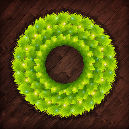 Christmas wreath from the branches of an evergreen tree with glowing elements on a dark wooden backgroundのイラスト素材