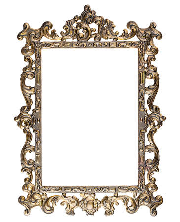 Antique carved rectangular metal frame isolated on white
