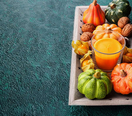 Tray with autumn harvest on textural background with copy spaceの写真素材