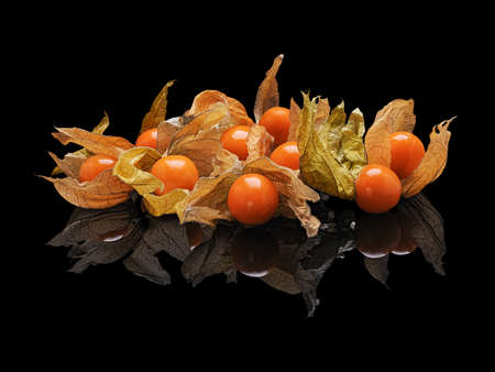 Heap berries of the plant Physalis isolated on black glossy background with real reflection.の写真素材