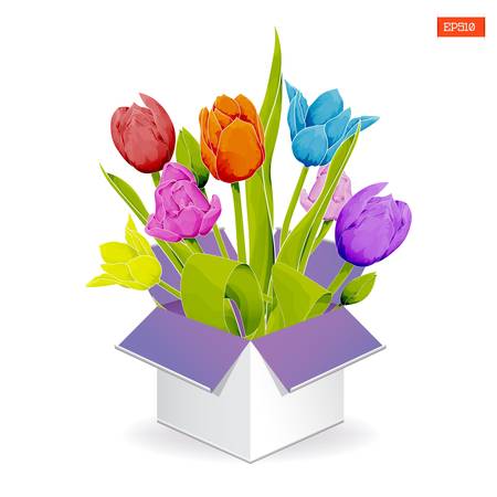 Bouquet of colorful tulips with leaves in a gift open box watercolor style on a white background. Vector illustrationのイラスト素材