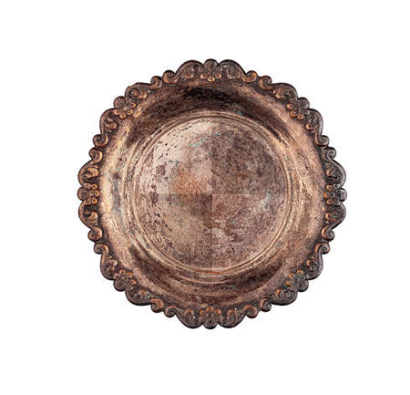 Vintage empty round metal plate top view isolatedの写真素材