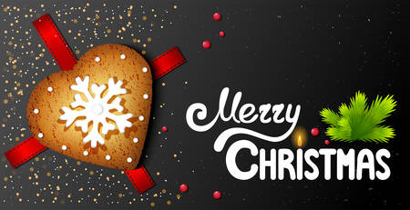Horizontal postcard on a black background with in the shape of a heart christmas cookies and hand-written lettering merry christmas textのイラスト素材