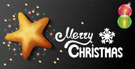 Horizontal postcard on a black background with star shaped christmas cookies and hand-written lettering merry christmas textのイラスト素材
