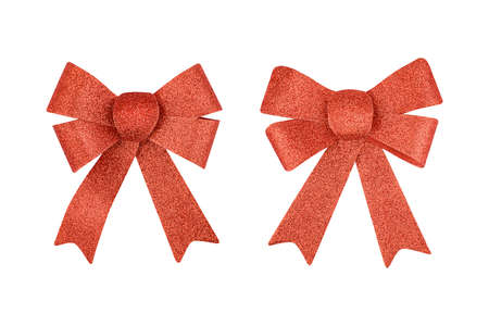 Set of red color decorative shiny glitter paper bow isolatedの写真素材