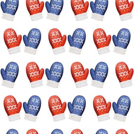 Seamless pattern on a white background from red and blue decorative knitted mittensの写真素材