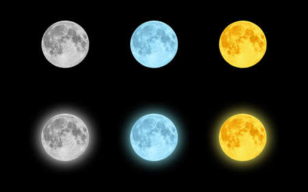 Set of monochrome, blue and yellow glowing full planet moon isolated on blackの写真素材