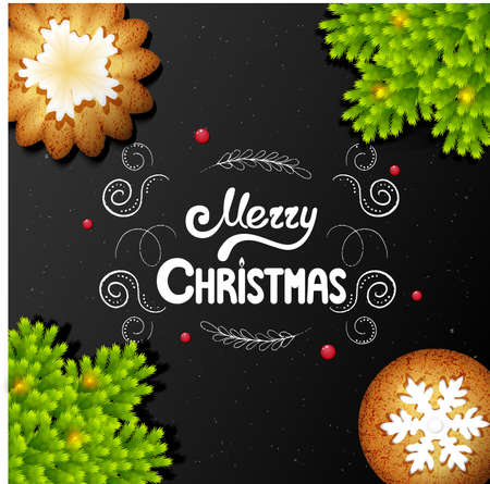 Card with cookies, fir branches and lettering Merry Christmas on chalk board vector illustrationのイラスト素材