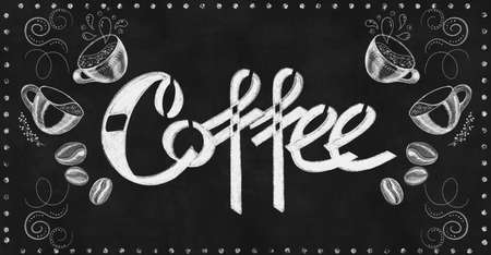 Real chalk-drawn poster. Lettering coffee on chalk board illustrationの写真素材