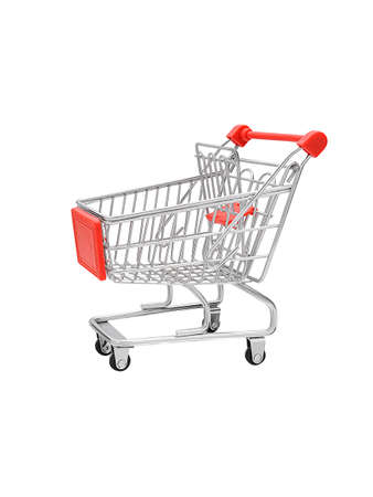 Decorative shiny chrome metal supermarket shopping empty trolley on wheels left side view isolatedの写真素材