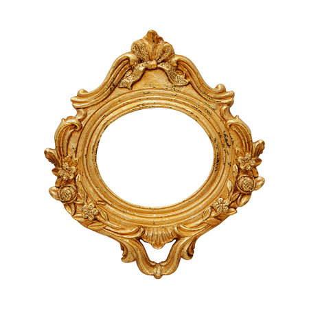 Oval blank shabby antique gold color frame isolatedの写真素材