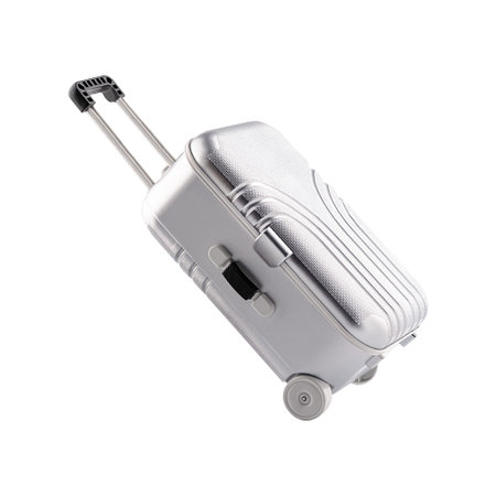 Gray closed plastic suitcase with a handle on wheels in an inclined position isolatedの写真素材