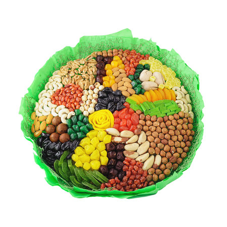 Big bouquet of various nuts, candied fruits and dried fruits isolated. straight viewの写真素材