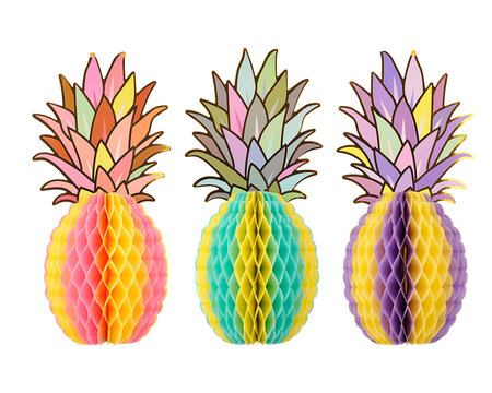 Set of decorative corrugated paper garlands in the shape of pineapple with leaves isolatedの写真素材