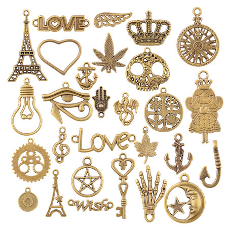 A set of a large number of pendants in the form of signs and symbols in the style of steampunk isolatedの写真素材