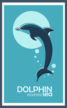 Dolphin poster, flat illustration in sea colors vectorのイラスト素材