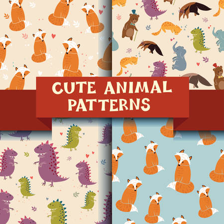 Set of 4 patterns with Cute Animals. Dinosaur, fox, cat and anteater! 4 pattern in one set, amazing!のイラスト素材