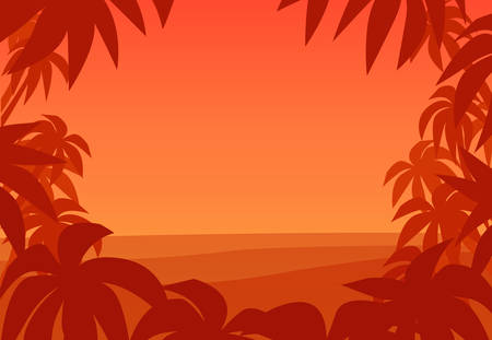 Tropical palm background. Sunset on summer beach. Summer tropical palm tree leaves vector border. Tropical beach summer print. Summer posterのイラスト素材