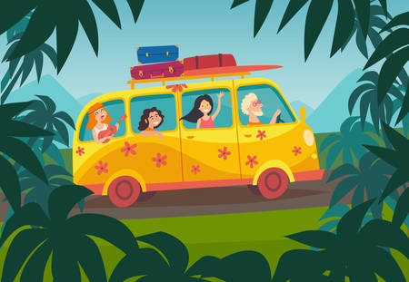 Car summer trip vector illustration. Happy people on summer holidays. Traveler bus poster. Palm background on road trip. Tourism concept, cartoon character young hippieのイラスト素材