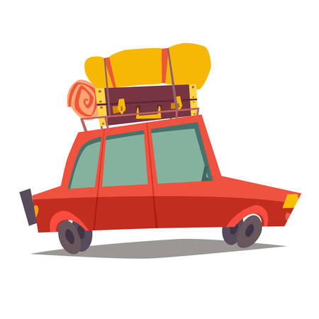 Car for traveling. Vehicle transport with baggage. Red car for family trip, side view. Cartoon vector illustration, isolated on white backgroundのイラスト素材