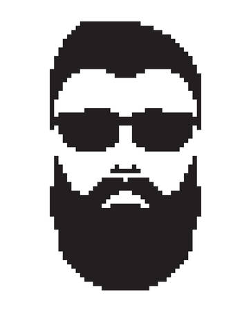 Bearded man with mustache. Barbershop portrait. Mustached men face icon, black color. Pixel art in vector graphics, isolated on white backgroundのイラスト素材