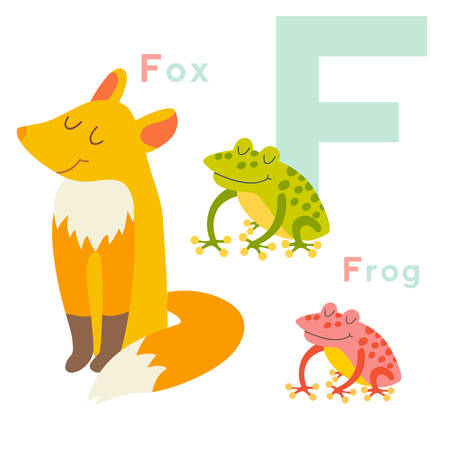 F letter animals set. English alphabet. Vector illustration, isolated on white backgroundのイラスト素材