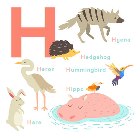 H letter animals set. English alphabet. Vector illustration, isolated on white backgroundのイラスト素材