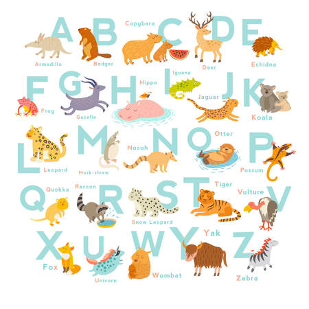 Cute vector zoo alphabet. Funny cartoon animals. Vector Illustration isolated on white background. Letters. Learn to readのイラスト素材