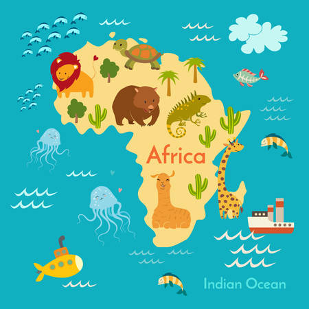 Animals world map, Africa. Vector illustration, preschool, baby, continents, oceans, drawn, Earth.のイラスト素材