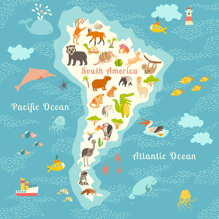 Animals world map, Sorth America. Vector illustration, preschool, baby, continents, oceans, drawn, education, Earthのイラスト素材
