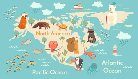 Animals world map, North America. Vector illustration, preschool, baby, continents, oceans, drawn, Earth.のイラスト素材