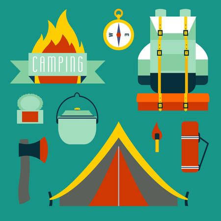 Camping icons set. Flat style vector illustration.のイラスト素材