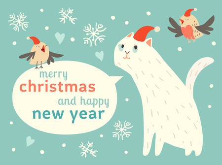 Happy Christmas and Happy New Year card with cute cats and birds in Santa hat. Vector illustration, cute cartoon animals, greeting cards with text on clouds.のイラスト素材