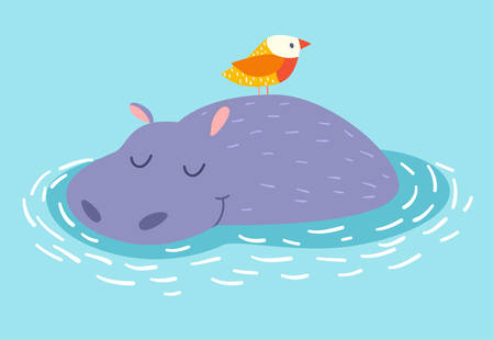 Cute hippo and bird on the water background. Vector illustrationのイラスト素材