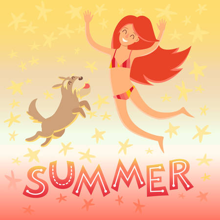 Summertime card. Cartoon girl with a dog and text. Vector illustration on colored backgroundのイラスト素材