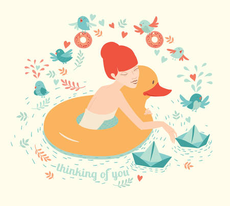 Girl with duck, lifebuoy floating and paper boats on water with birds, donuts, heart, twigs on background. "Thinking of you" text. Vector illustration, valentines day cardのイラスト素材