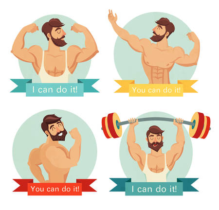 You can do it motivational and inspirational poster set. Gym, bodybuilding, concept image, beard. Isolated on white backgroundのイラスト素材