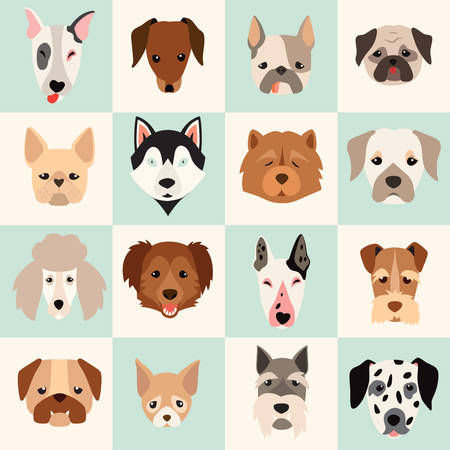Set of cute dogs icons, vector flat illustrations. Popular dogs breeds, pattern, card, game graphics.のイラスト素材