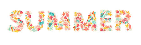 Summer text with summer object pattern. Multicolor vector illustrations isolated on white backgroundのイラスト素材