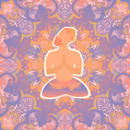 Mustached bearded man in the lotus position on the mat for yoga.  Vector pastel color illustration on the mandala background. The design concept of yoga, relax, happiness, meditation, indianのイラスト素材