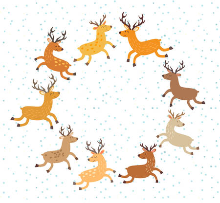 Floral Christmas wreath with deer. Hand drawn botanical wreath. Round frame for Christmas cards. Vector illustration isolated on white,cartoon styleのイラスト素材