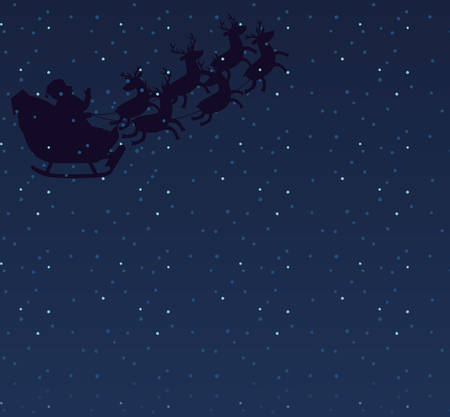 Santa Claus silhouette with deer. Santa driving sleigh on winter Christmas night. Copyspace for text.Vector illustration isolated on white, backgroundのイラスト素材